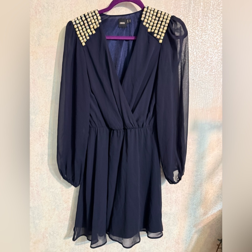 ASOS Navy Long Sheer Sleeve V-Neck Dress with Pearl-Embellished Shoulders, Flowy